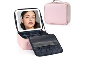 BEWITU Makeup Bag with lighted Mirror, Travel Makeup Case for Women and Makeup Artists Cosmetic Organizer Large Make Up Bags with Light Up Mirror, 3 Color Lights, Adjustable Dividers and Brush Holder, Pink