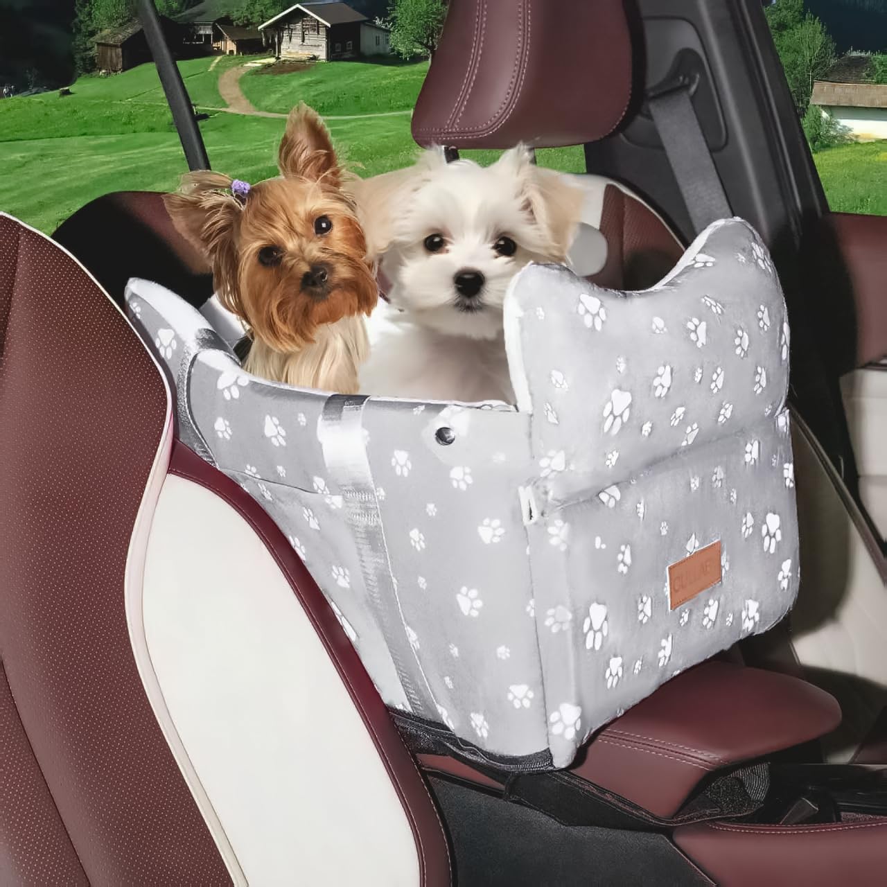Photo 1 of Console Dog Car Seat with Safety Leash for SUV Large Armrest Lid– Booster Seat for Small & Medium Dogs (Up to 25 lbs), Pet Travel Safety Seat with Storage Pockets & Detachable Dog Seat (Grey)