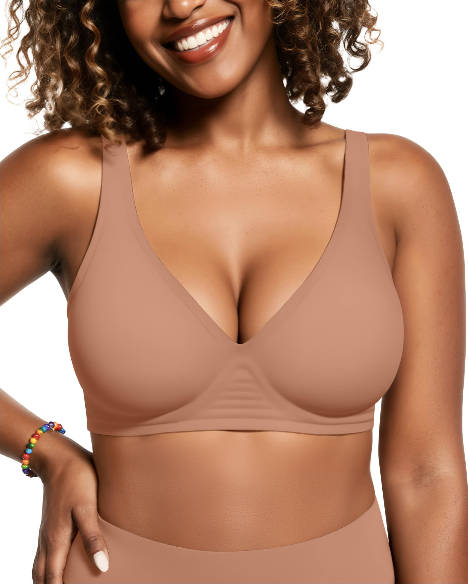 Photo 1 of OEAK Womens Deep V Bras Wireless Comfortable Bra Supportive No Underwire Bras Tshirt Push Up Bralettes Plunge Seamless Bra Latte L