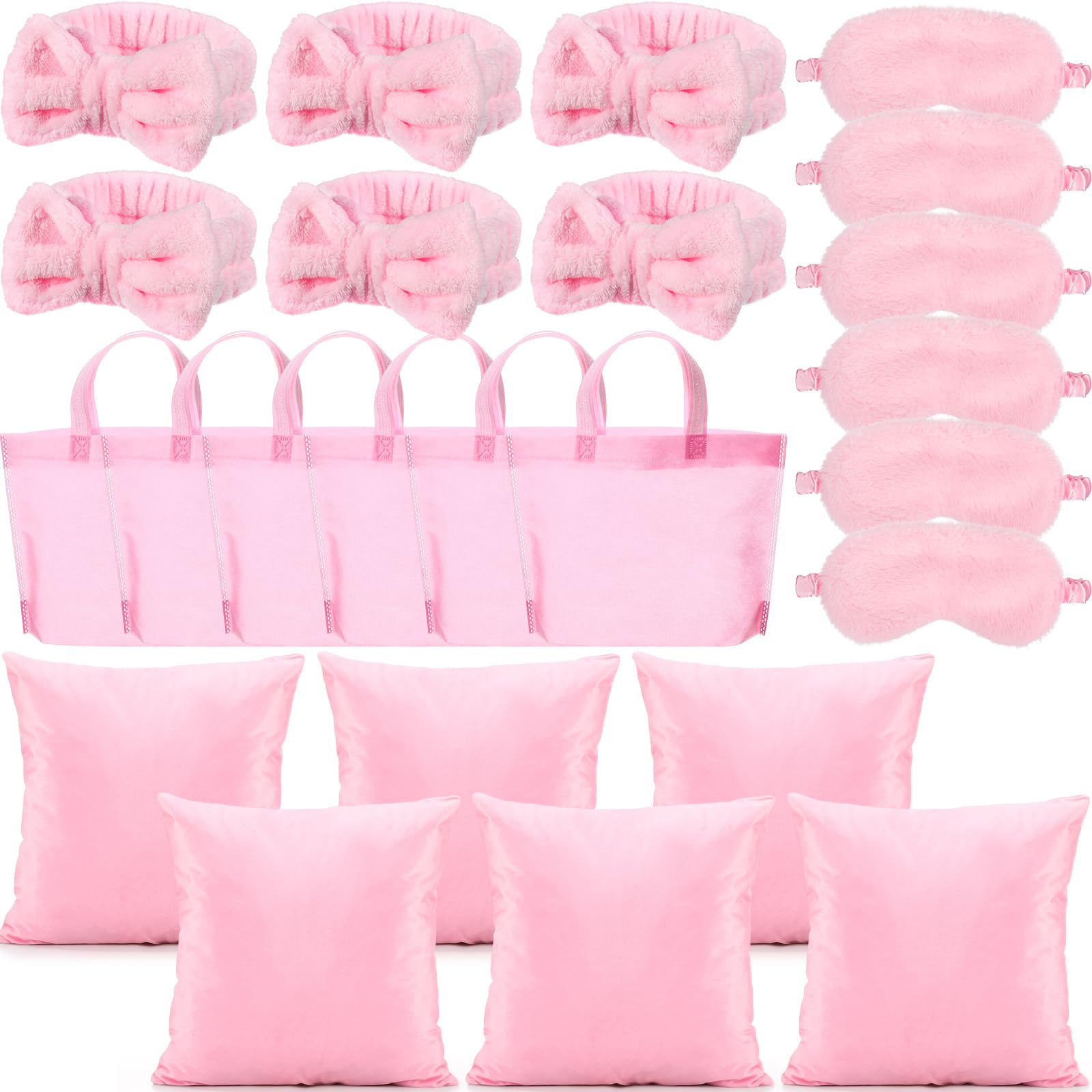 Photo 1 of Daifunli 24 Pieces Spa Sleepover Party Supplies for Girls 6 Pink Spa Headband 6 Plush Sleep Eye Mask 6 Pink 18'' x 18'' Velvet Throw Pillow Covers 6 Tote Bags for Slumber Sleepover Party Favor Gift