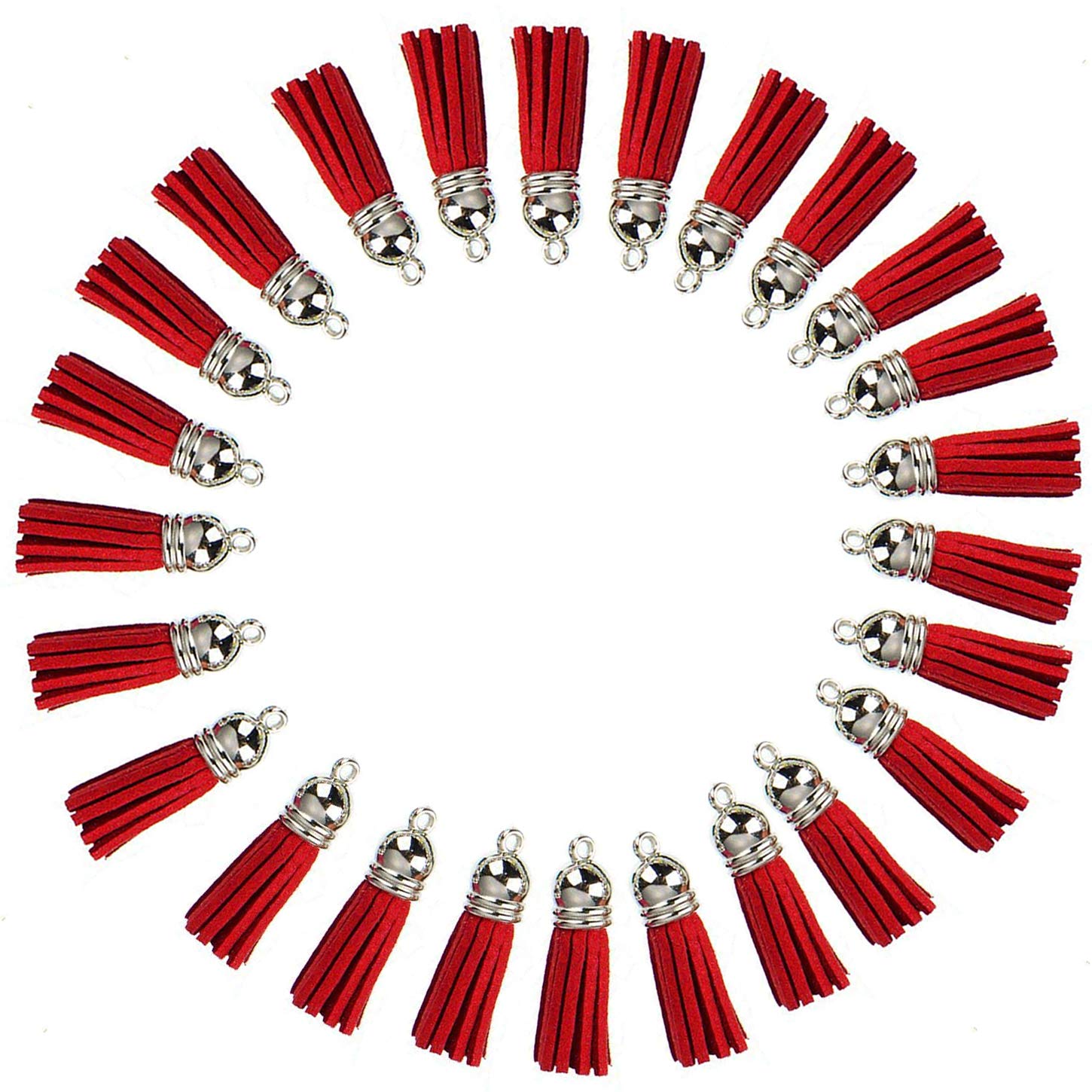 Keychain Tassels Leather Tassel Pendants with Silver White Caps,Tassel Charm for Jewelry Making Keychain Bracelets Ring Crafts -30pcs(1-1/2 inch,Red) — image 1