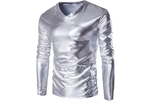 WENKOMG1 Mens Metallic Shirt,Prom Crewneck Blouse Shiny Reflective Disco Shirt Long Sleeve Slim Fit Top