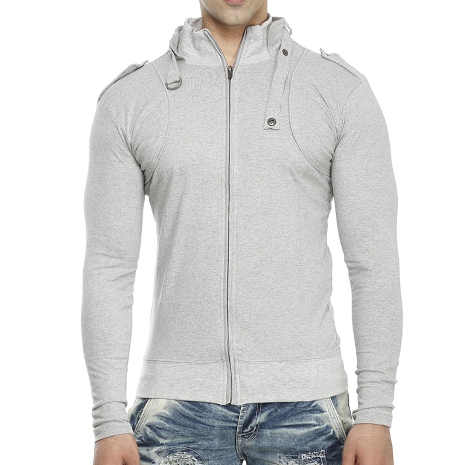 tees collection men's full zip buckle neck full sleeve grey colour t-shirt