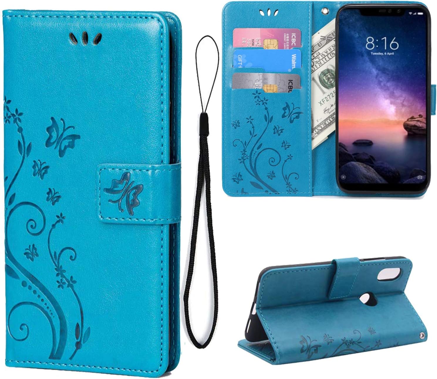 Teebo Wallet Case for Xiaomi Redmi Note 6 Pro/Note 6 Kickstand Card Slots Holder Leather Girls Cases [Butterfly Flower] Heavy Duty Flip Case Cover for Xiaomi Redmi Note 6 Pro/Note 6(Blue)