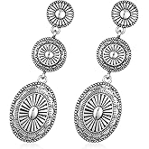 Silver Western Earrings for Women, Vintage Cowgirl Cowboy Western Silver Earrings, Oval Concho Drop Dangle Accessories Jewelry Country Concert Accessories for Women