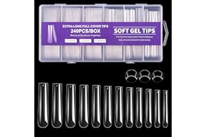 Cycullinyt 240Pcs Square Soft Gel Nail Tips, Long Square Nails, 12 Sizes Full Cover Acrylic Fake Nails Straight Clear False Nail Extension for Beginner and Professional Home Salon DIY