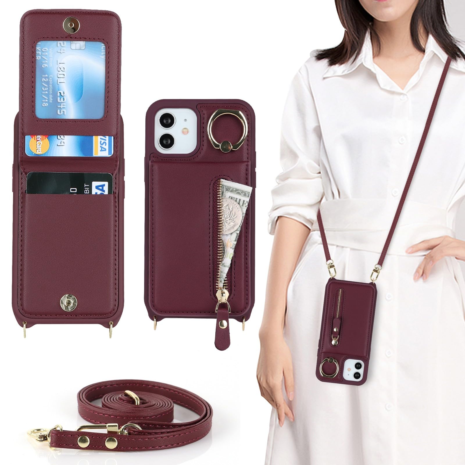 Zouzt for iPhone 12 Mini Case with Cord and Card Holde, Zipper Wallet Case with Crossbody Lanyard Ring Adjustable Necklace Protective Cover Women for iPhone 12 Mini 5.4 Inch - Burgundy