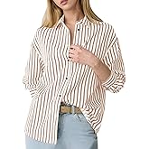 Flygo Womens Button Down Striped Shirt Casual Collared Cotton Oversized Long Sleeve Work Blouse Tops