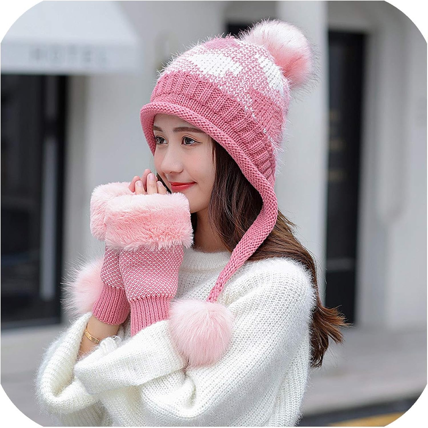 Women Hat And Glove Set For Women Plaid Winter Classic Thicken Wool