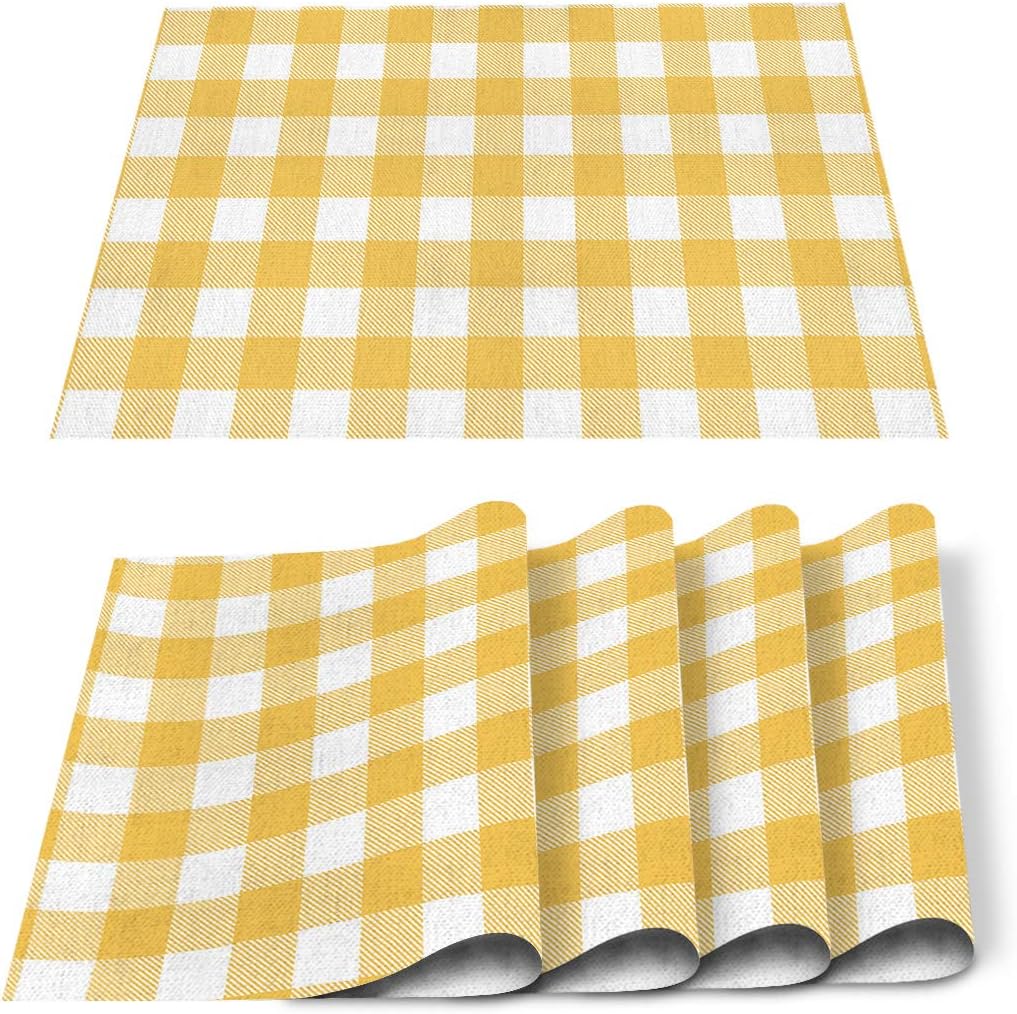 Sweet A Home Placemats for Dining Table Yellow Buffalo Check Plaid Xmas Table Mats Set of 4