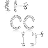 3 Pairs Sterling Silver Earrings for Women Trendy Silver Stud Hoop Earrings Stacks for Multiple Piercing Dainty Cartilage Huggie Hoop Earrings Hypoallergenic Small Cubic Zirconia Stud Hoop Earrings Set
