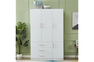 GraceGrove Wooden Wardrobe Cabinet, 3 Door 3 Drawers Storage Cabinet for Large Capacity, White Closet with 2 Hanging Rod and Storage 47.3" L x 20.3" W x 72" H