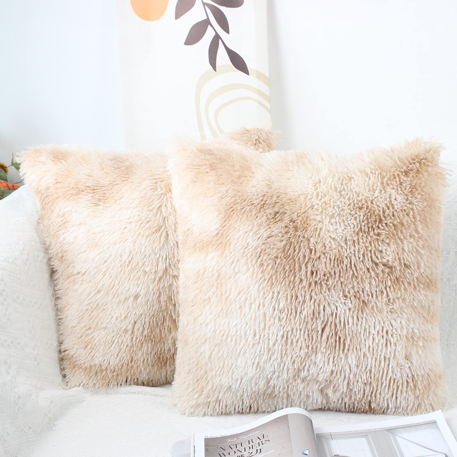 OYIMUA Fluffy Cushion Covers 40cm x 40cm Beige Faux Fur Set of 2 Cushion Cover 16 x 16 Soft Decorative Square Plush Pillow Cover for Sofa Livingroom Bedroom — image 1