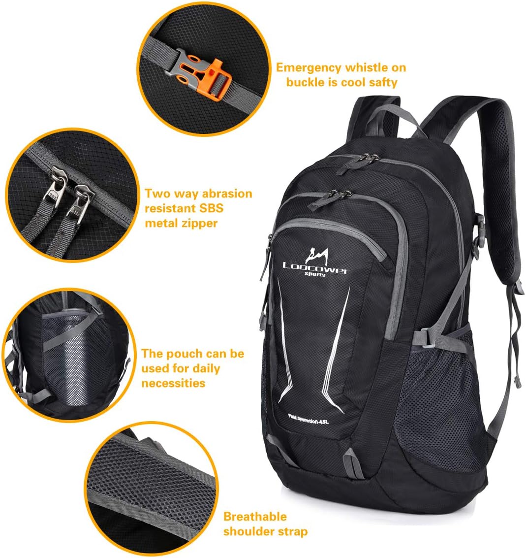Loocower 45L Ultra Lightweight Foldable Backpack Hiking Daypack Walking Rucksack Water Resistant Packable Camping Mountaineer Outdoor Sport Knapsack for Men Women-Gary - Image 5