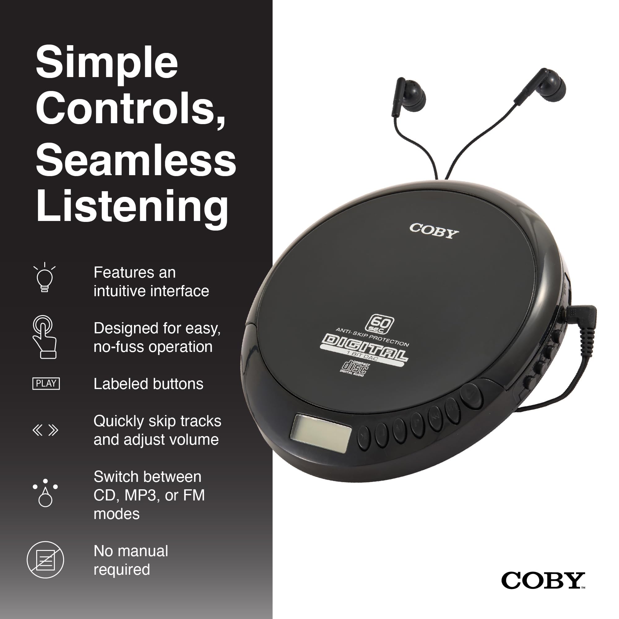 Coby Portable CD Player with Headphones, FM Radio and MP3 Compatible, LCD Display, 60-Second Anti-Skip Protection, Shockproof Design for Easy Travel, Includes Micro USB Cable for Charging