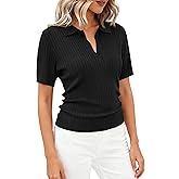 PRETTYGARDEN Women's Short Sleeve Sweater 2026 Spring Polo Shirts Ribbed Knit V Neck Business Casual Tops Summer Work Clothes