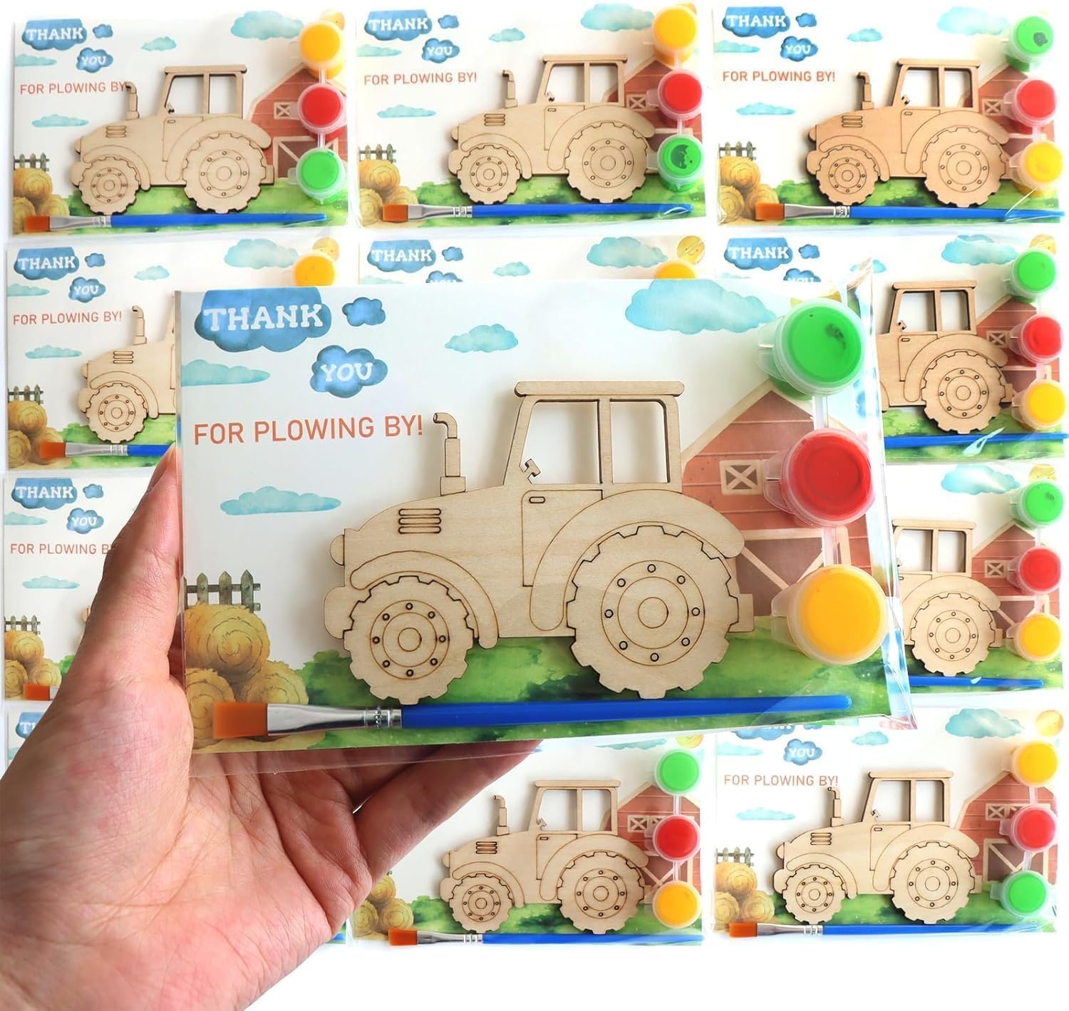 Photo 1 of 12 Pack Unassembled Tractor Party Favors, Wooden Tractor Cutouts with Magnets & Painting Kits for Kids, Farm Theme Birthday Crafts & Thank You Gifts