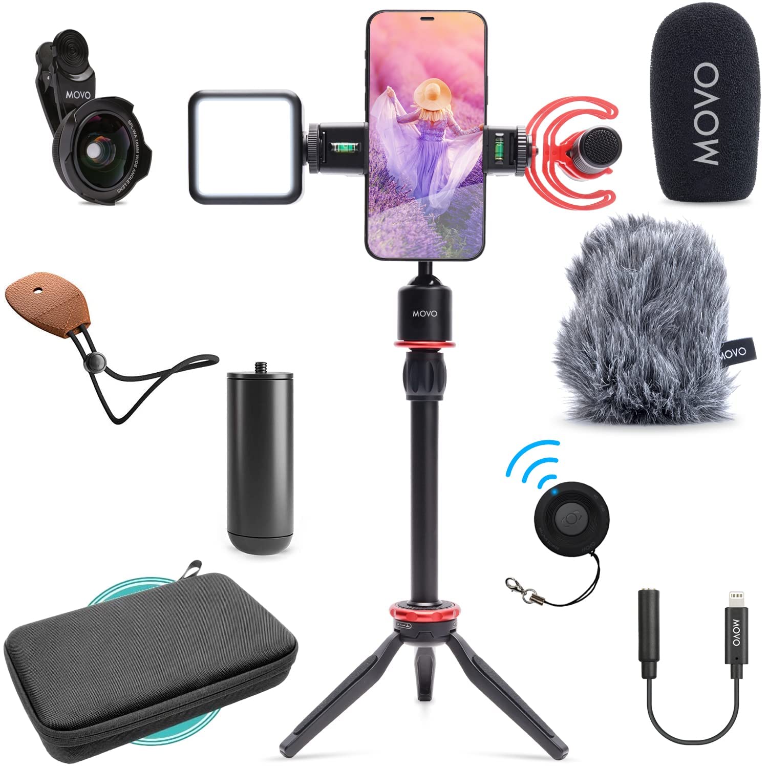 Movo iVlog1 iPhone Vlogging Kit - YouTube Starter Kit Compatible with Lightning - with Shotgun Microphone, Mini Tripod, LED Light, Wide Angle Lens, Lightning Adapter -