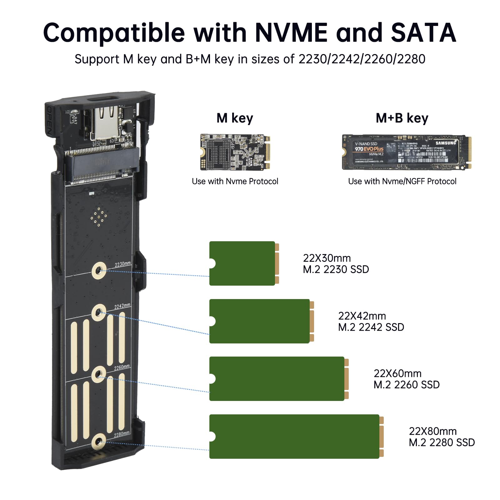 ELUTENG M.2 SSD Enclosure M.2 NVME SATA Dual Protocol Hard Drive Enclosure Aluminum USB 3.2 Gen 2 10Gbps External NVMe to USB SSD Reader Max 4TB Supports M and B&M Keys SSDs