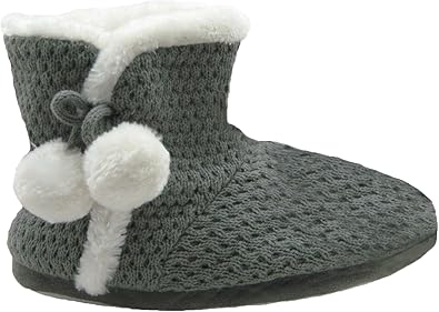 Amazon Com Fashion Blue Adorable Women S Knit Boot Slippers W Faux Fur Trim Pom Poms M 6 5 7 5 Gray Slippers