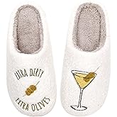 DATAROPE Cozy Time Women's Espresso Martini House Slippers, White Plush Memory Foam, Indoor Non-Slip Footwear with Embroidered Design, Novelty Coffee Cocktail Theme