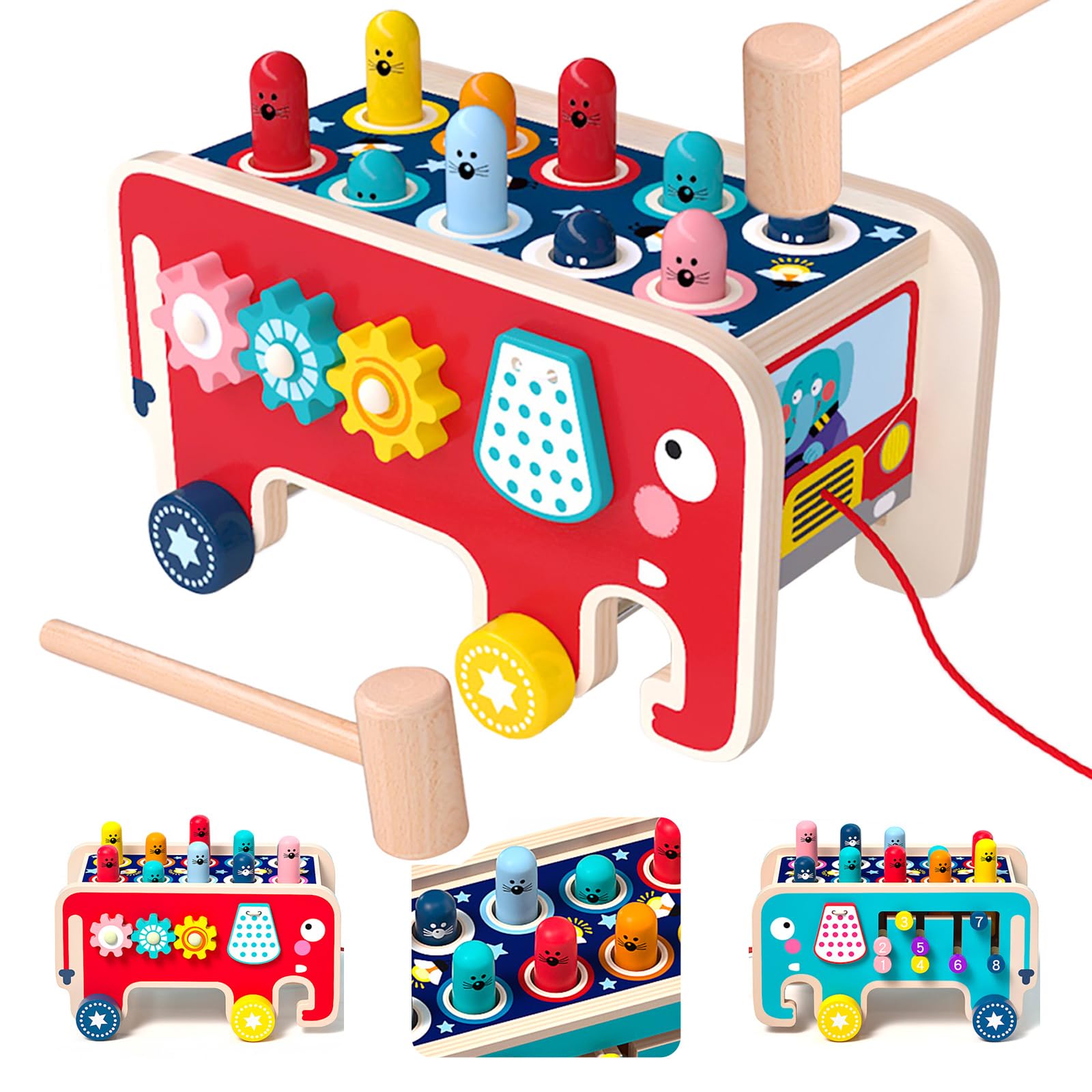 NUKied Wooden Hammer Toys Multifunctional Pounding Bench Tap Bench Hit Mole Hamster Game Early Educational Montessori Toys Wooden Toy Gift for Kids Toddlers Boys Girls