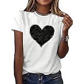 SweatyRocks Women's Heart Print Glitter Sequin T Shirts Casual Round Neck Short Sleeve Tee Tops