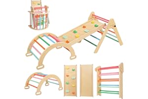ZHUSI Pikler Triangle Set, Montessori Foldable Baby Climbing Toys Wooden Climbing Set with Arch&Ramp&Ladder Baby Climber Indoor Jungle Gyms for Toddlers Montessori Toys - Rainbow