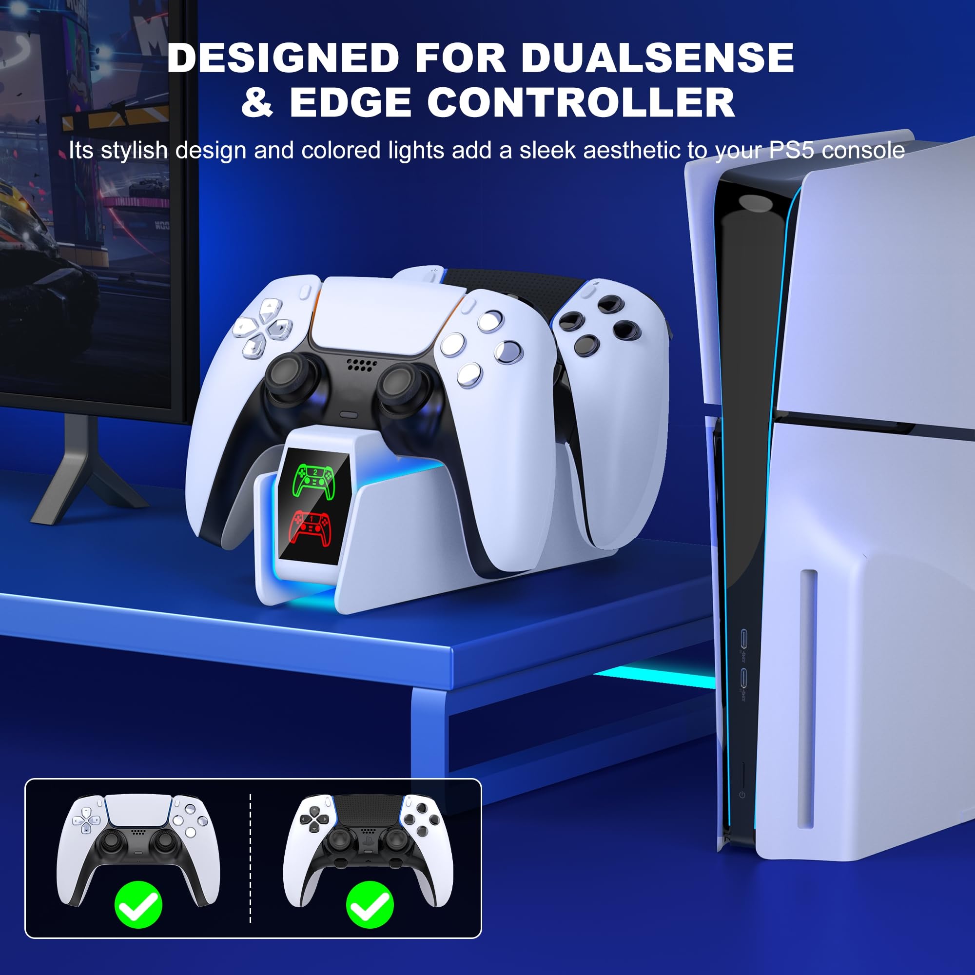 PS5 Controller Charger Station for Playstation 5 Dualsense with LED Light Dual Stand Charger Dock, PS5 Controller Charging Station Accessories for Playstation 5 Faceplates DualSense Edge-White