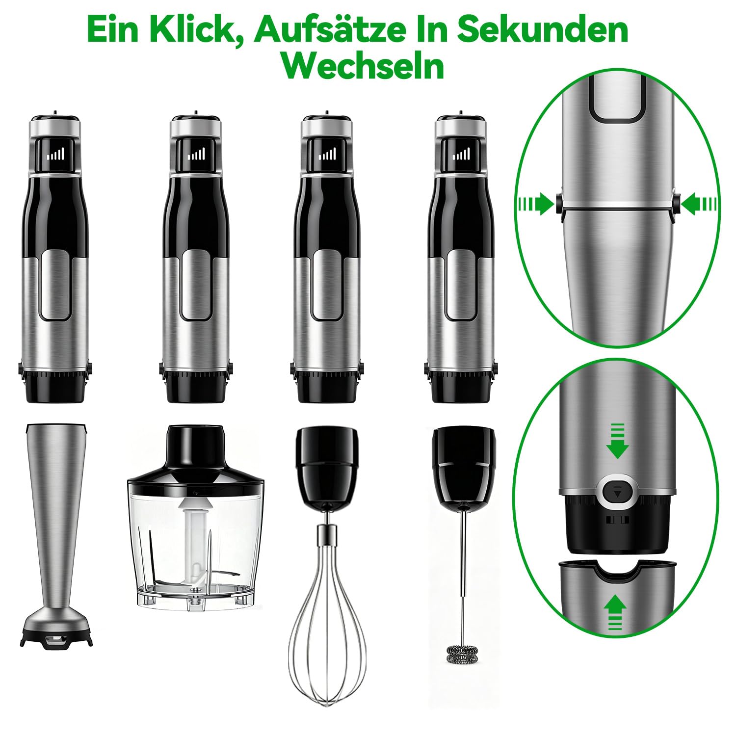BESROY Stabmixer Set 5 in 1, 1100W Pürierstab Elektrisch, Stufenlose Geschwindigkeit, Edelstahl Hand Blender inkl. Zerkleinerer, Schneebesen, Milchaufschäumer & Messbecher, Ideal für Suppen, Smoothies 9