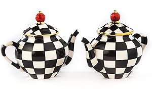MACKENZIE-CHILDS Teapot Salt and Pepper Shaker Set, Ceramic Salt and Pepper Holders, Black-and-White Courtly Check