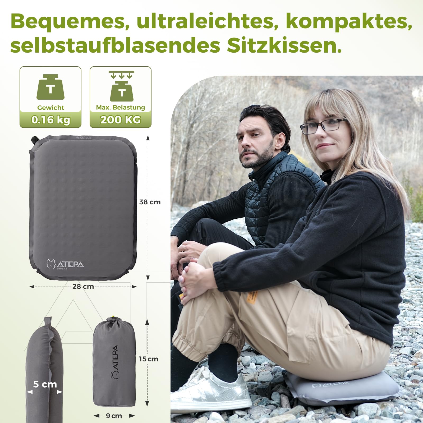 ATEPA Sitzkissen Outdoor, Faltbar Aufblasbar Stadion Flugzeug Unterwegs Camping Wander Bürostuhl Ultraleicht Foam Selbstaufblasend Sitzkissen, Grau 2
