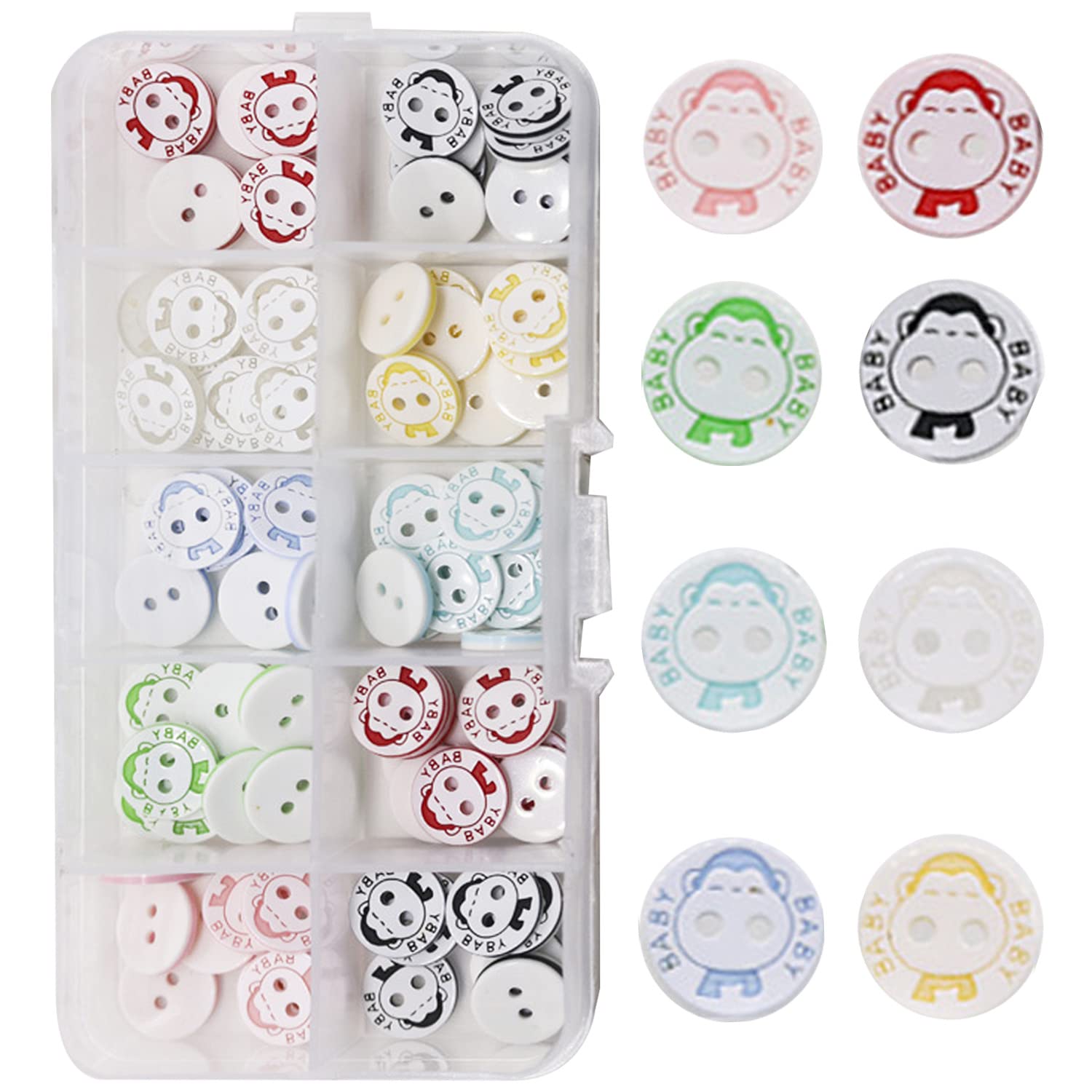 150PCS Colorful Resin Buttons for Baby Kids Cardigans Knitting,Plastic Cute Crafting Buttons with Plastic Storage Box for Art Craft Child Clothing Sewing DIY Decoration(12.5 mm/ 0.5 Inch) (Monkey)