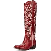 Modatope Cowboy Boots for Women Knee High Cowgirl Boots Embroidered Pointed Toe Chunky Heel Western Boots Pull On Wide Calf Tall Boot