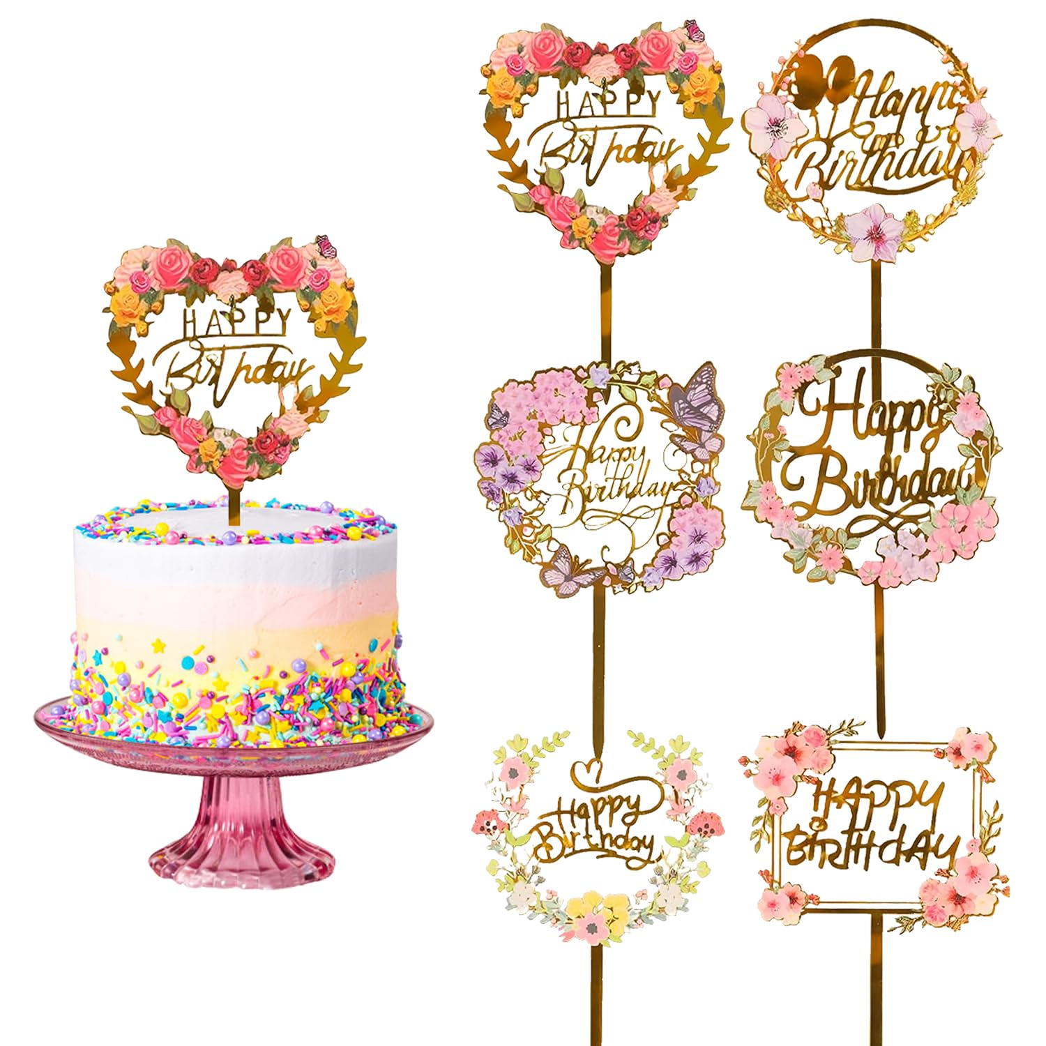 Photo 1 of LOKIPA 6PCS Happy Birthday Cake Toppers, Flower Acrylic Cupcake Cake Toppers Gold Cake Topper for Birthday Party Anniversary Decorations