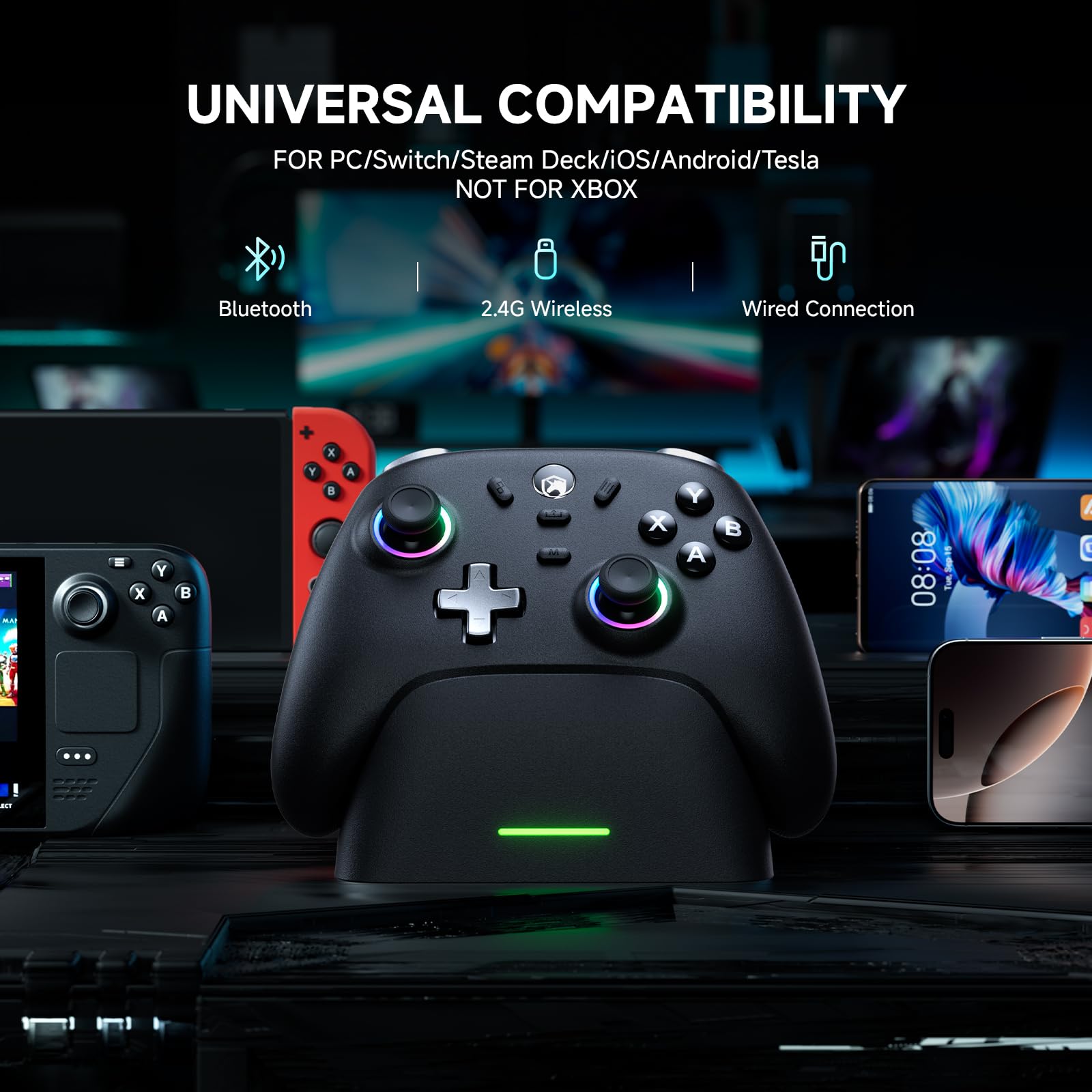 ECHTPower PC Wireless Controller, 1000Hz Gaming-Controller mit RGB/Hall-Joystick/Turbo/Vibration/800mAh Wiederaufladbare Batterie, Wireless-Controller für PC/Switch 2/Switch/Steam (Ladestation) 4