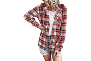 EWASWON Womens Flannel Shirts 2024 Long Sleeve Plaid Hooded Jackets Drawstring Tops Casual Trendy Fall Winter Coats