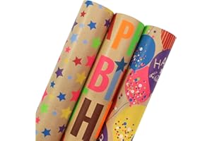 BIOBROWN Kraft Birthday Wrapping Paper - 17 Inch X 10 Feet Per Roll - 3 Rolls, Balloons & Star Design Perfect for Birthday, P