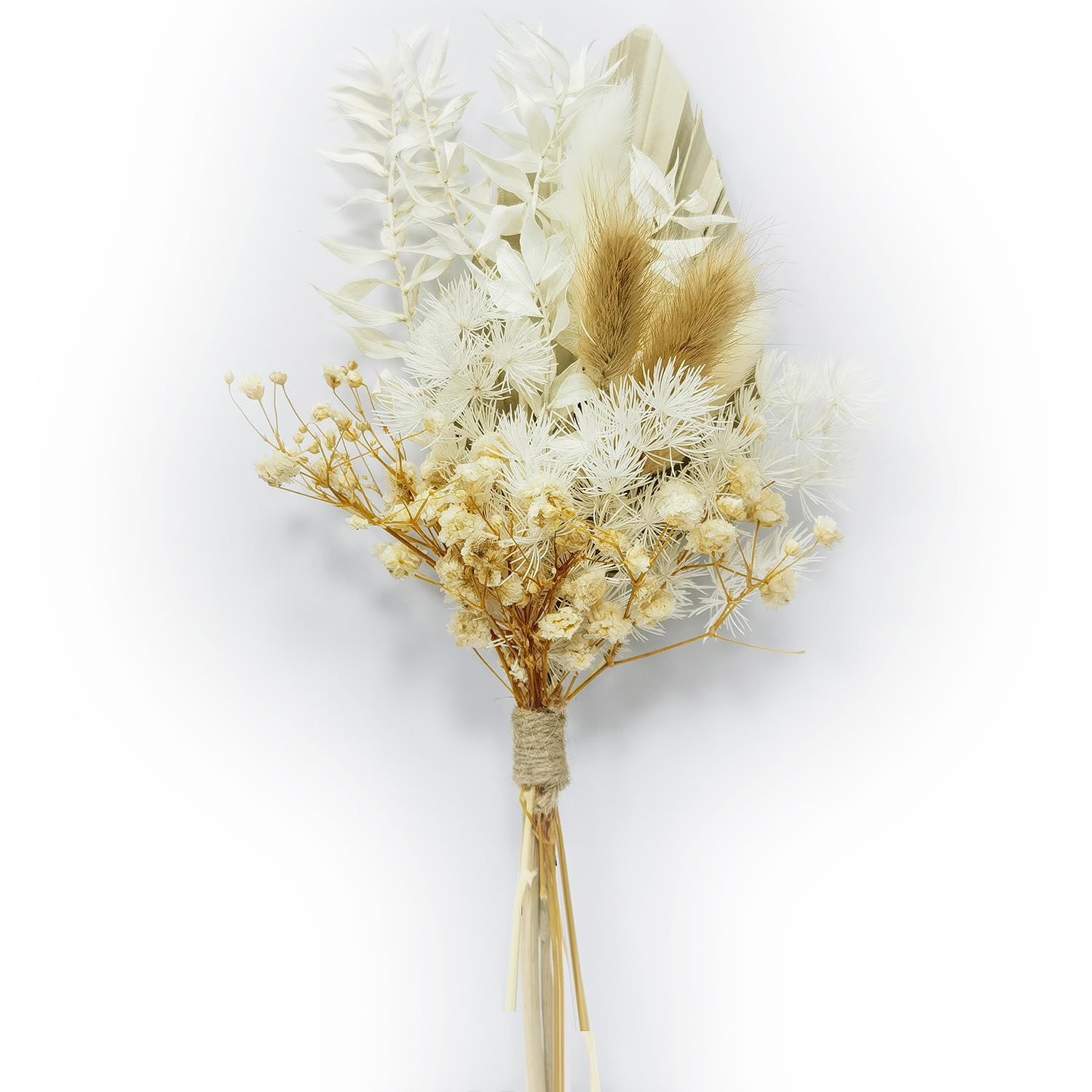 Bmeigo Natural Dried Flowers for Crafts Cakes, 5 Types Boho White Real Dried Flowers Leaves Set Palm Bunny Tail Million Star Everlasting Small Bouquet for Floral Decorations DIY Home Wedding Gifts