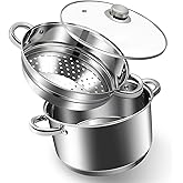 KroWallu 6 QT Stainless Steel Cookware Set, 3-Piece Multipurpose Stock Pot with Steamer Pot and Tempered Glass Lid, Stainless Steel Handle, Work with Gas Electric Induction Stove