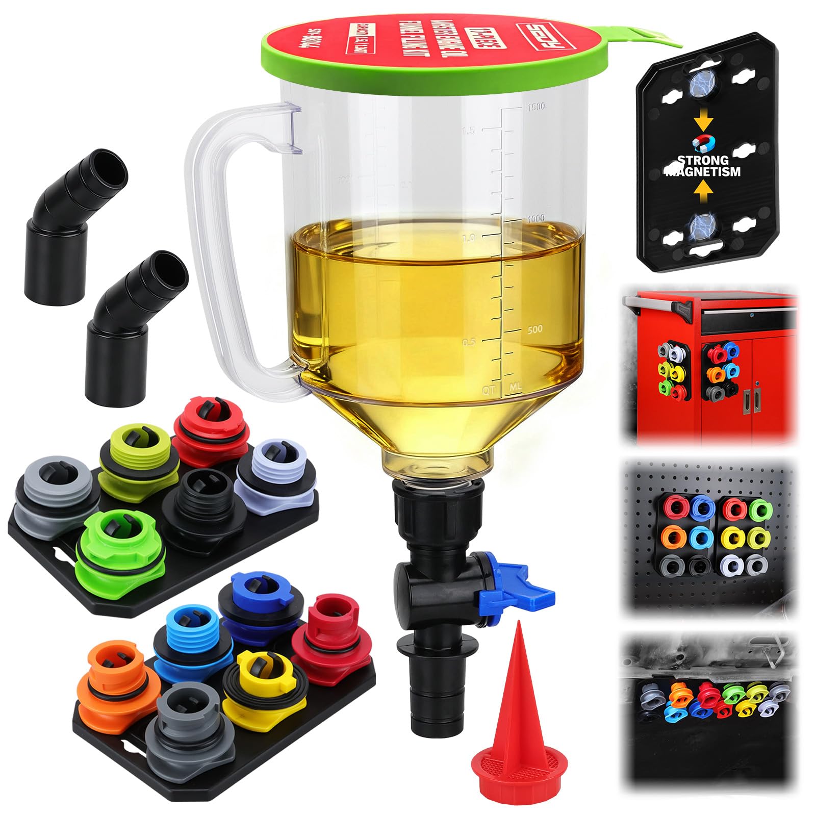 Photo 1 of 18-Piece Engine Oil Funnel Set, 1.59QT/1.5L Automotive Oil Funnel Kit with 12 Adapters, Elbow Fitting, Arrow Screen and Magnetic Storage Hooks Tray, Compatible with GM, Ford, BMW, Audi, Land Rover Etc