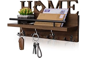 SWTYMIKI Key Holder for Wall with Home Decoration, Wood Mail Organizer with Double Key Hooks & Mail Holder Design, Wall Mounted Key Hanger for Entryway, Front Door, Hallway, Office, Brown