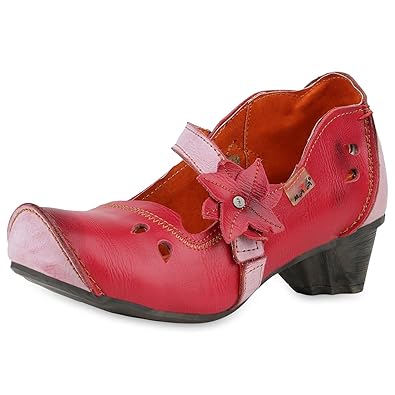 TMA Damen Leder Pumps Mary Janes mit Trichterabsatz Cut-Outs Blumen Scarpe Vita