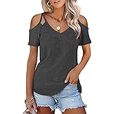 Minclouse Women's Summer Short Sleeves Tops Cold Shoulder V Neck Shirts Casual Strappy Tees