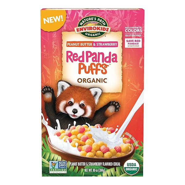 ENVIROKIDZ ORGANIC RED PANDA PUFFS CEREAL, 10 OZ (PACK OF 1), PEANUT BUTTER & STRAWBERRY, GLUTEN FREE, NON-GMO, BY NATURE’S PATH