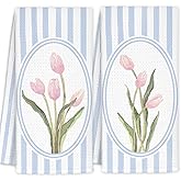 FDHSPAAM Pink Tulip Floral Kitchen Towels Set of 2, Tulips Gifts for Women, Preppy Blue Stripes Dish Hand Tea Towels, Floral Kitchen Bathroom Decor, 16x24 Inch