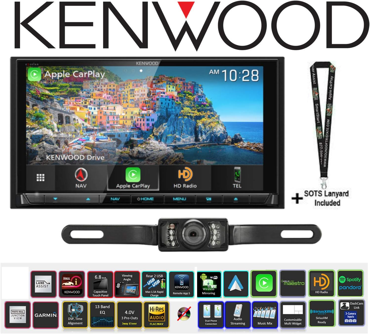 Kenwood Excelon DNX996XR 6.8" DVD Navigation Receiver with a License Plate Style Backup Camera Bundle with Sound of Tri-State Lanyard