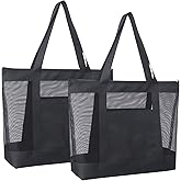 hsmyank 2Pack Lightweight Mesh Tote Bag,Sandproof Beach Bags with Zipper &Double Pocket For Groceries,Poolside,Travel,Towels