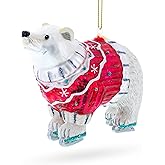 Polar Bear Wearing a Festive Sweater Blown Glass Christmas Ornament