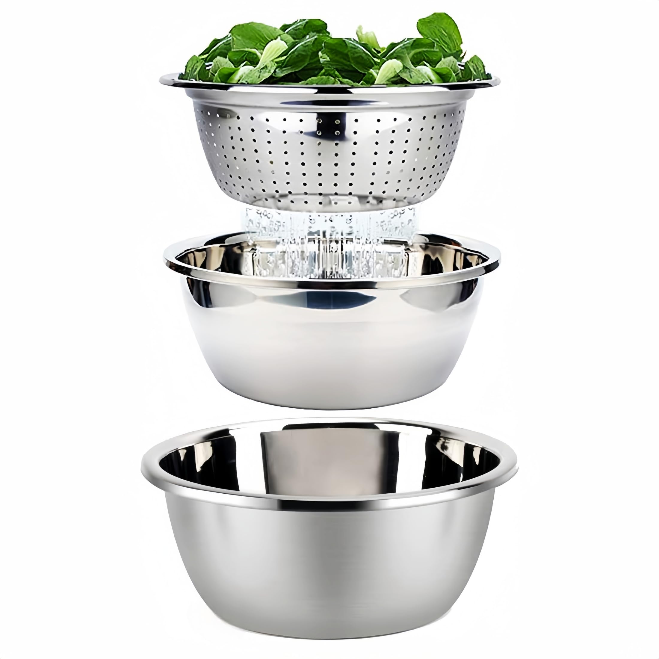 ZENGWARE Mixing Bowl and Colander Set Stainless Steel Non Slip Salad Servers Nesting Mixing Bowls for Baking and Cooking Serving Set of 3, Silver, 3/4/4.5L